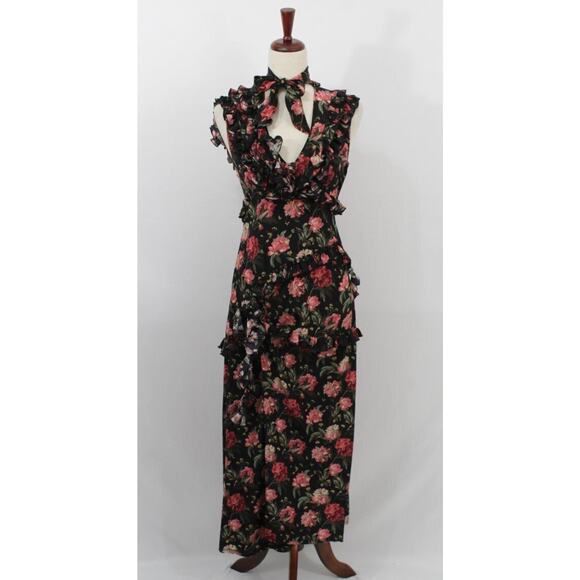R13 LIBERTY OF LONDON Sz XS Black Pink Rose Floral Silk Dress Ruffle Slit - Picture 4 of 13